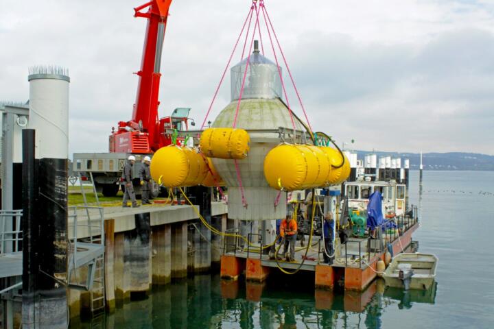 Hollow concrete spheres with a diameter up to 35 meters (115 feet) are dropped i ...