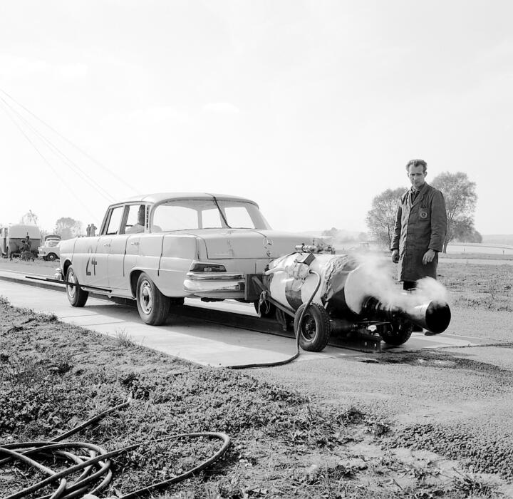For crash tests, Mercedes was using hot-water rockets in the 1960s.